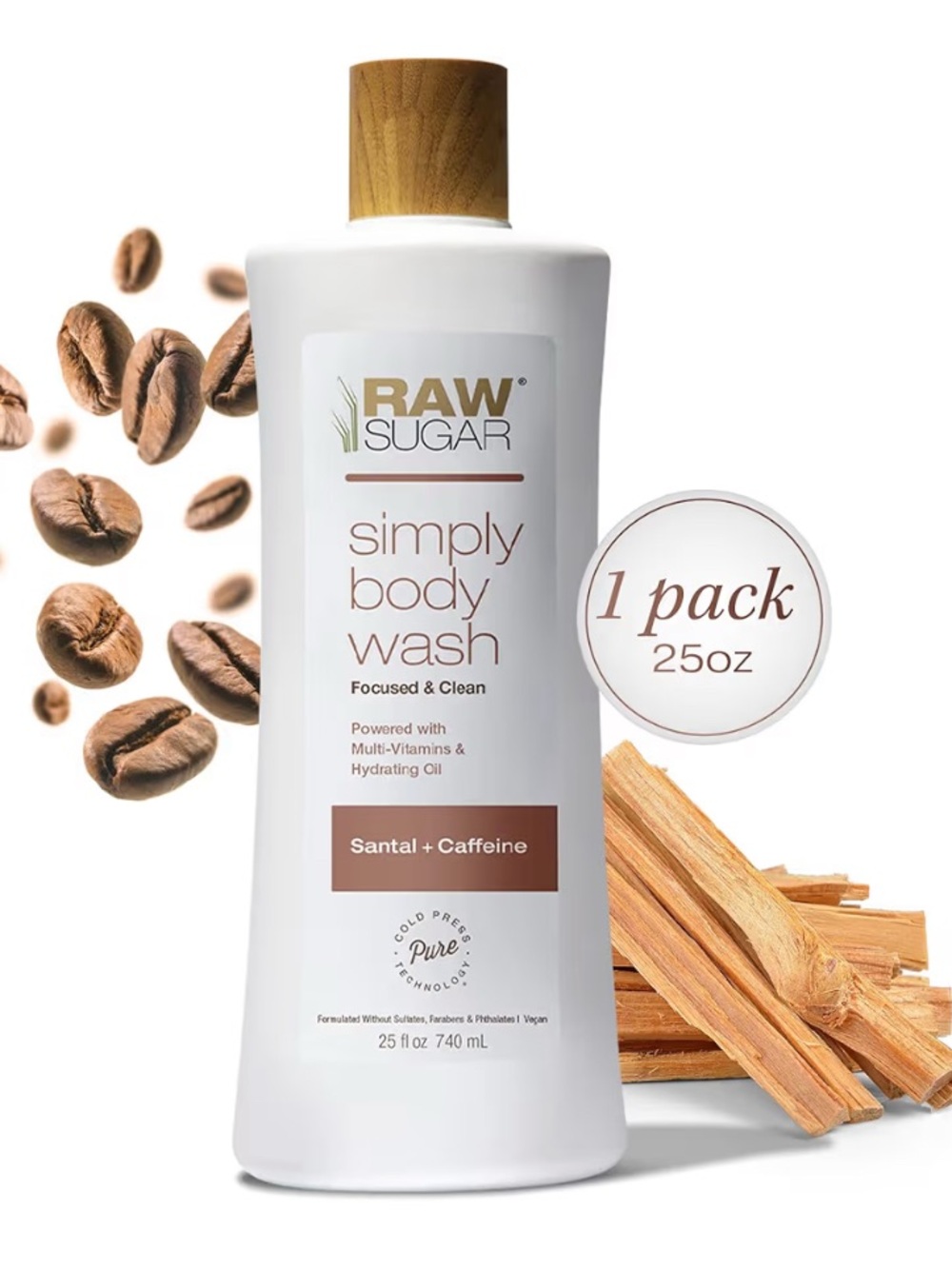 RAW SUGAR Simply Body Wash Shower Gel- Santal + Caffeine, Moisturizing -25 oz